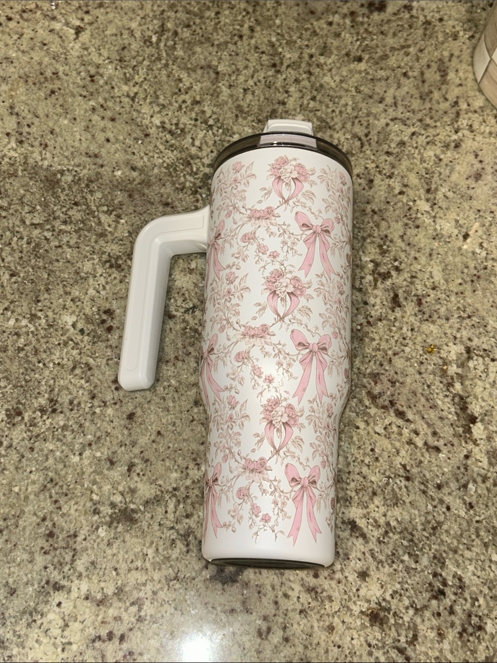 White and Pink Floral Ribbon Travel Mug with Handle